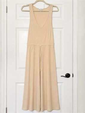 Beyond Yoga Ribbed V-Neck Wide-Leg Jumpsuit in Pale Yellow Cream Small